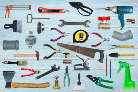 Photo for Tool collage isolated on a white background depicting carpentry and construction tools. Top view - Royalty Free Image