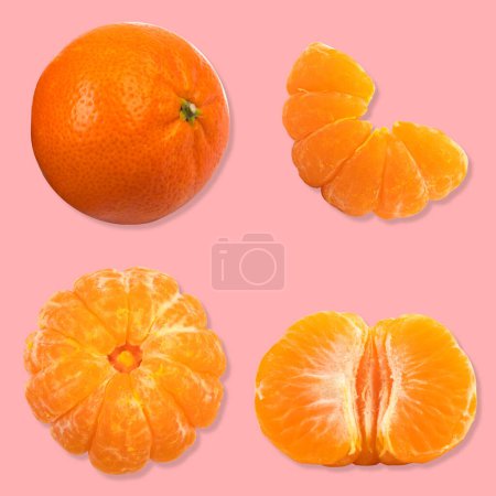 Photo for Set of fresh whole and cut mandarin, tangerine and slices isolated on pink background. From top view - Royalty Free Image