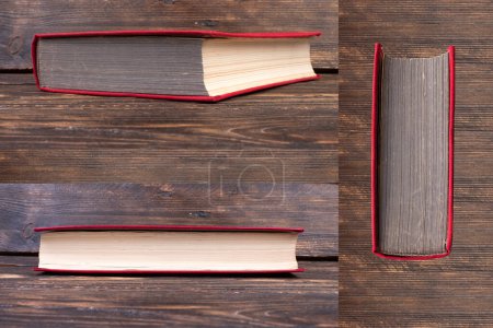 Téléchargez les photos : Un collage de livres photos sur un fond brun foncé en bois - en image libre de droit