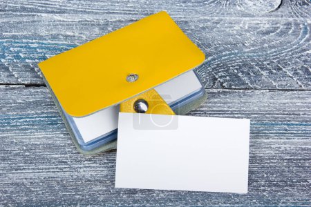 Photo for Blank business cards on the wooden table. Template for ID. Top view - Royalty Free Image