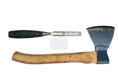Photo for Ax, chisel on white background. Tools Top view - Royalty Free Image