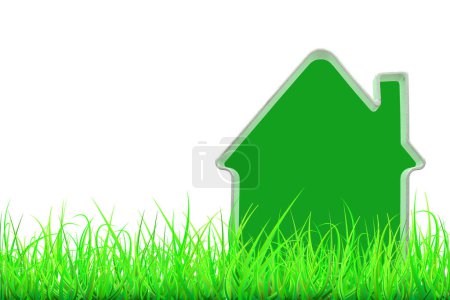 Photo for Green house model in green grass isolated on white background. Green house concept - Royalty Free Image