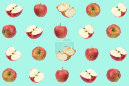 Photo for Colorful fruit pattern of fresh red, green apples on blue background. texture design for textiles, wallpaper, fabric. From top view - Royalty Free Image