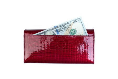 Photo for Red leather wallet with dollar bill on wood table. new bills - Royalty Free Image