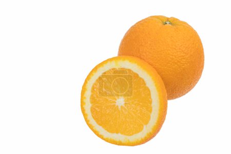 Photo for Natural orange fruit with cut in half and isolated on white background - Royalty Free Image