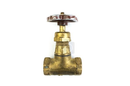 Photo for Brass stop water valve on white background. Top view - Royalty Free Image