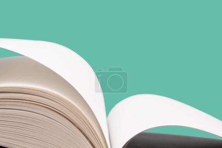 Photo for Open book. Composition with hardback books, fanned pages on wooden deck table and green background. Books stacking. Back to school. Copy Space. Education background. Tuition payment. - Royalty Free Image