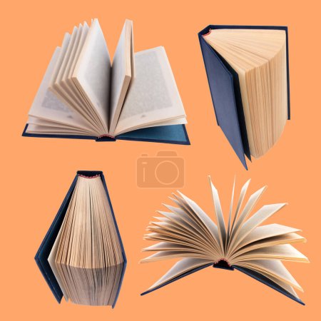 Téléchargez les photos : Collection de divers livres isolés sur fond orange. chacun est tiré séparément - en image libre de droit