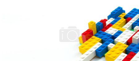Photo for Lot of colorful rainbow toy bricks . Educational toy for children Isolated on white background. 3D Rendering. Top view with copy space. Banner - Royalty Free Image