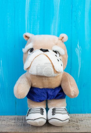 Photo for Soft toy. Athlete buddog on a blue wooden background - Royalty Free Image