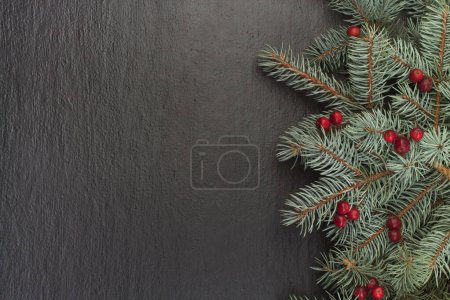 Foto de Composición navideña de ramas de abeto y bayas de viburnum sobre un fondo negro - Imagen libre de derechos