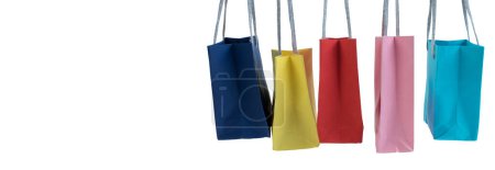 Photo for Paper shopping bags with handles on white background. Mockup for design. panorama - Royalty Free Image