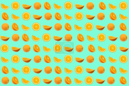 Photo for Bright summer background. Orange slices on green. Fruits seamless pattern. Oranges texture design for textiles, wallpaper, fabric. - Royalty Free Image