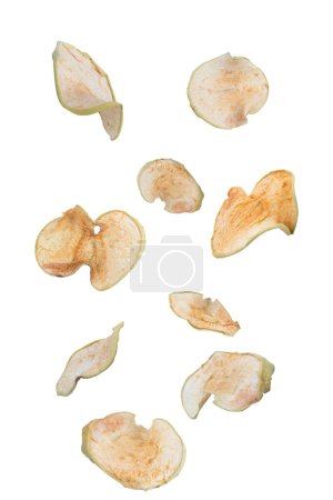 Téléchargez les photos : Des fruits volants. Pomme biologique séchée tombante tranchée sur fond blanc. Pomme biologique maison - en image libre de droit