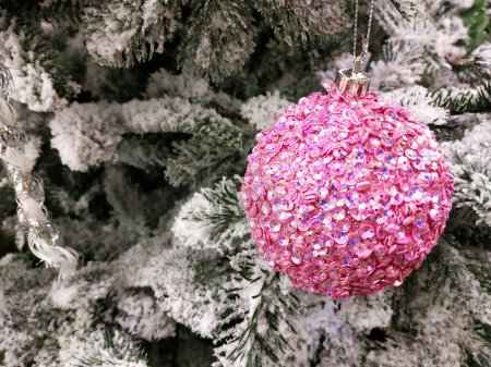 Photo for Christmas composition of fir branches and Christmas balls of viburnum on a wooden background . - Royalty Free Image