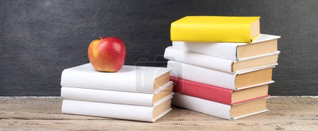 Photo for Books, books on the background school board. Back to school. Education. Copy space for text - Royalty Free Image