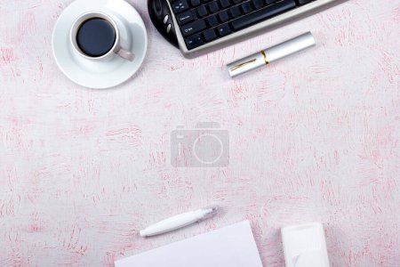 Photo for White Office desk table with computer, pen and a cup of coffee, lot of things. Top view with copy space - Royalty Free Image