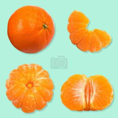 Téléchargez les photos : Ensemble de mandarine fraîche entière et coupée, mandarine et tranches isolées sur fond vert. De vue du dessus - en image libre de droit