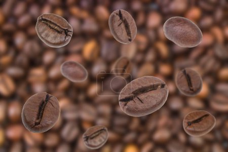 Foto de Caída de granos de café. Volando granos de café desenfocados. Utilizado para la publicidad de café, embalaje, diseño de menú - Imagen libre de derechos
