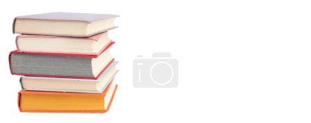 Photo for Composition with hardcover books, Books stacking, isolated on white background. Back to school. Copy Space. Education background. panorama, banner - Royalty Free Image