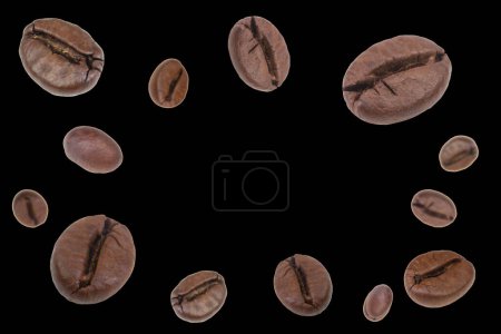 Foto de Caída de granos de café aislados en el fondo. Volando granos de café desenfocados. Utilizado para la publicidad de la cafetería, embalaje, diseño del menú. Banner - Imagen libre de derechos