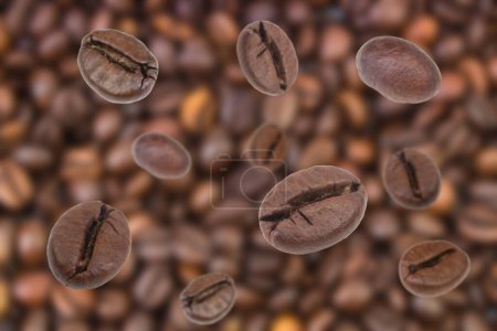 Téléchargez les photos : Des grains de café tombés. Voler des grains de café déconcentrés. Utilisé pour la publicité de café, emballage, conception de menu - en image libre de droit