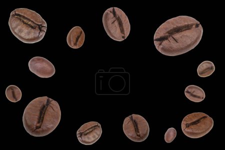 Foto de Caída de granos de café aislados en el fondo. Volando granos de café desenfocados. Utilizado para la publicidad de café, embalaje, diseño de menú - Imagen libre de derechos