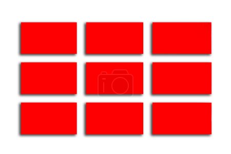 Foto de Burla de las pilas horizontales de tarjetas de visita rojas dispuestas en filas en el fondo de papel texturizado blanco - Imagen libre de derechos