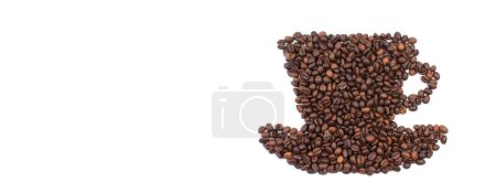 Photo for A pile of coffee beans in the shape of a coffee cup, on a white background. Top view - Royalty Free Image