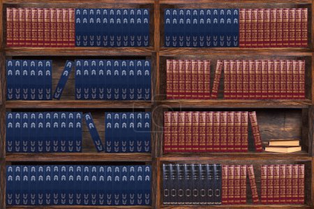 Téléchargez les photos : Livres sur les étagères de la bibliothèque. Bibliothèque en bois foncé - en image libre de droit