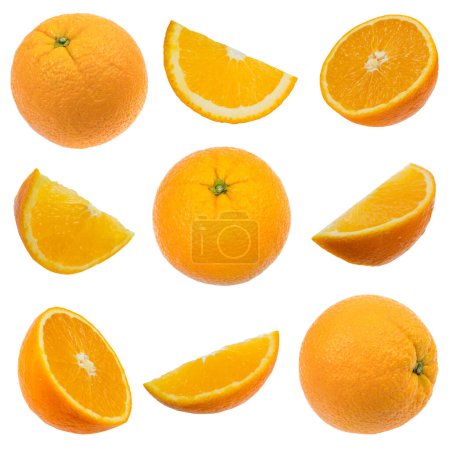 Téléchargez les photos : Ensemble d'orange fraîche entière et coupée et des tranches isolées sur fond blanc. De vue du dessus - en image libre de droit