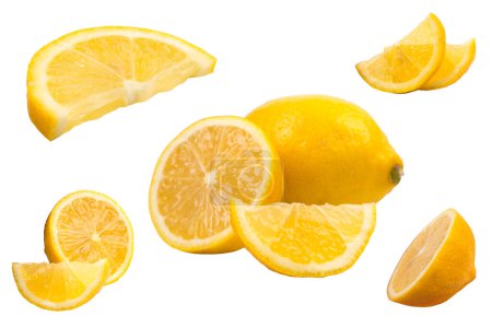 Photo for Set of fresh whole and cut Lemon and slices isolated on white background. From top view - Royalty Free Image