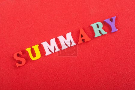 Photo for SUMMARY word on red background composed from colorful abc alphabet block wooden letters, copy space for ad text. Learning english concept - Royalty Free Image