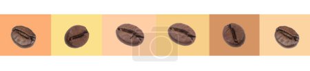 Téléchargez les photos : Grains de café sur un fond de nuances de brun, beige, jaune. Design plat simple. bannière, collage - en image libre de droit