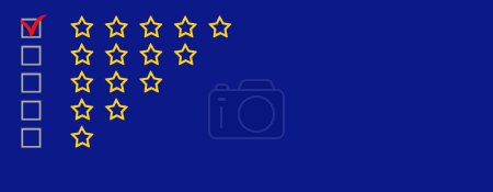 Gold, gray five stars shape on a blue background. Rating stars with tick. Feedback evaluation. Rank quality. Check boxes
