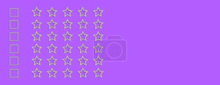 Or, gris forme cinq étoiles sur un fond violet. Noter les étoiles avec tique. Évaluation de la rétroaction. Qualité de rang. Case à cocher