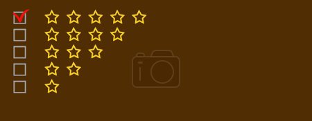 Photo for Gold, gray five stars shape on a brown background. Rating stars with tick. Feedback evaluation. Rank quality. Check boxes - Royalty Free Image