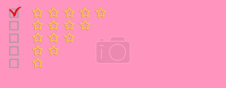 Gold, gray five stars shape on a pink background. Rating stars with tick. Feedback evaluation. Rank quality. Check boxes