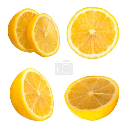 Foto de Conjunto de limón fresco entero y cortado y rodajas aisladas sobre fondo blanco. Desde vista superior - Imagen libre de derechos