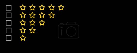 Photo for Gold, gray five stars shape on a black background. Rating stars with tick. Feedback evaluation. Rank quality. Check boxes - Royalty Free Image