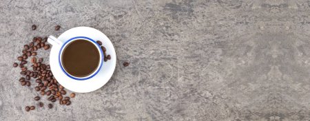 Photo for Cup of coffee, coffee beans on a concrete background. top view - Royalty Free Image