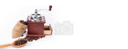 Photo for Pile of coffee beans, coffee grinder, ground coffee on a white background. Top view. Banner - Royalty Free Image