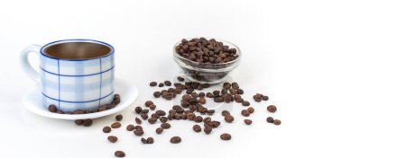 Photo for Cup of coffee, coffee beans isolated on white background. - Royalty Free Image