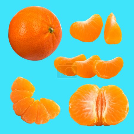 Set of fresh whole and cut mandarin, tangerine and slices isolated on blue background. From top view