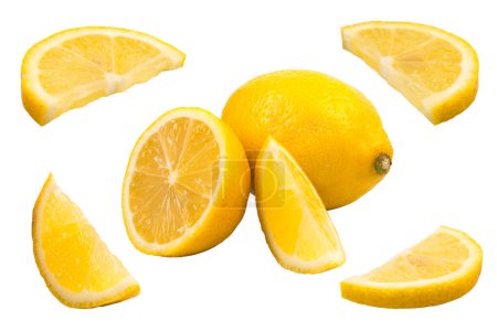 Set von frischem Ganzen und Zitrone und Scheiben auf weißem Hintergrund isoliert schneiden. von oben gesehen