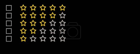 Foto de Oro, forma de cinco estrellas grises sobre un fondo negro. Clasificación estrellas con garrapata. Evaluación de retroalimentación. Calidad de rango. Casillas de verificación - Imagen libre de derechos