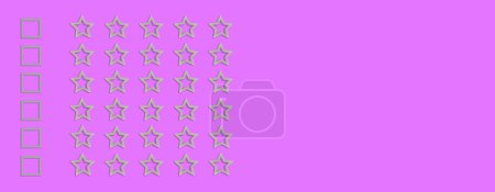 Foto de Oro, forma de cinco estrellas grises sobre un fondo morado. Clasificación estrellas con garrapata. Evaluación de retroalimentación. Calidad de rango. Casillas de verificación - Imagen libre de derechos
