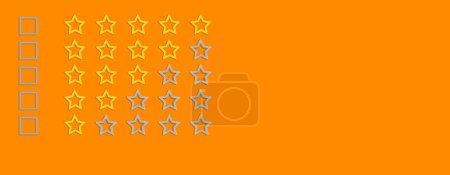 Foto de Oro, forma de cinco estrellas grises sobre un fondo naranja. La mejor excelente calificación de servicios empresariales concepto de experiencia del cliente. Casillas. Aumentar la calificación o idea de clasificación, evaluación y clasificación - Imagen libre de derechos