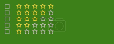 Foto de Oro, forma de cinco estrellas grises sobre un fondo verde. Clasificación estrellas con garrapata. Evaluación de retroalimentación. Calidad de rango. Casillas de verificación - Imagen libre de derechos
