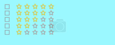 Foto de Oro, forma de cinco estrellas grises sobre un fondo azul. Clasificación estrellas con garrapata. Evaluación de retroalimentación. Calidad de rango. Casillas de verificación - Imagen libre de derechos